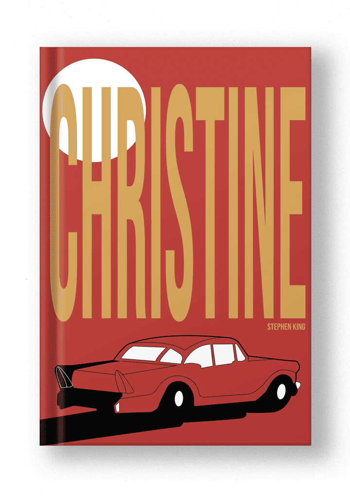 book cover restyled in a modern way with simple, colorful illustration with red background and a car