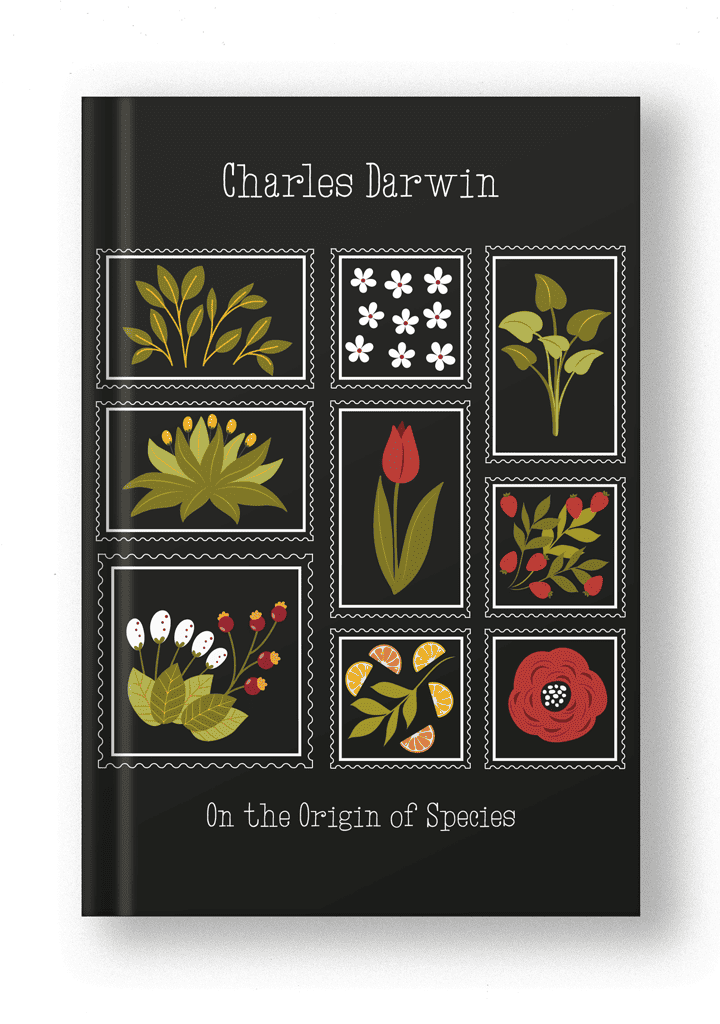 book cover restyled in a modern way with simple, colorful illustration, dark background and plants and fruits