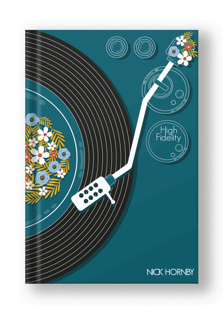 book cover restyled in a modern way with simple, colorful illustration and old record player