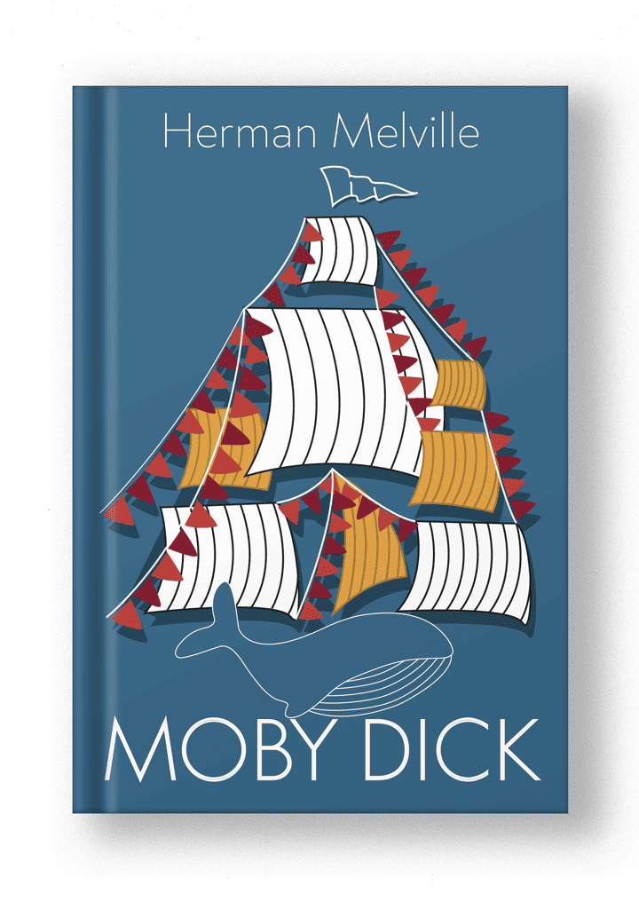 book cover restyled in a modern way with simple, colorful illustration with sails and a big whale