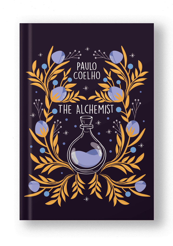 book cover restyled in a modern way with simple, dark illustration with plants and a potion in the middle