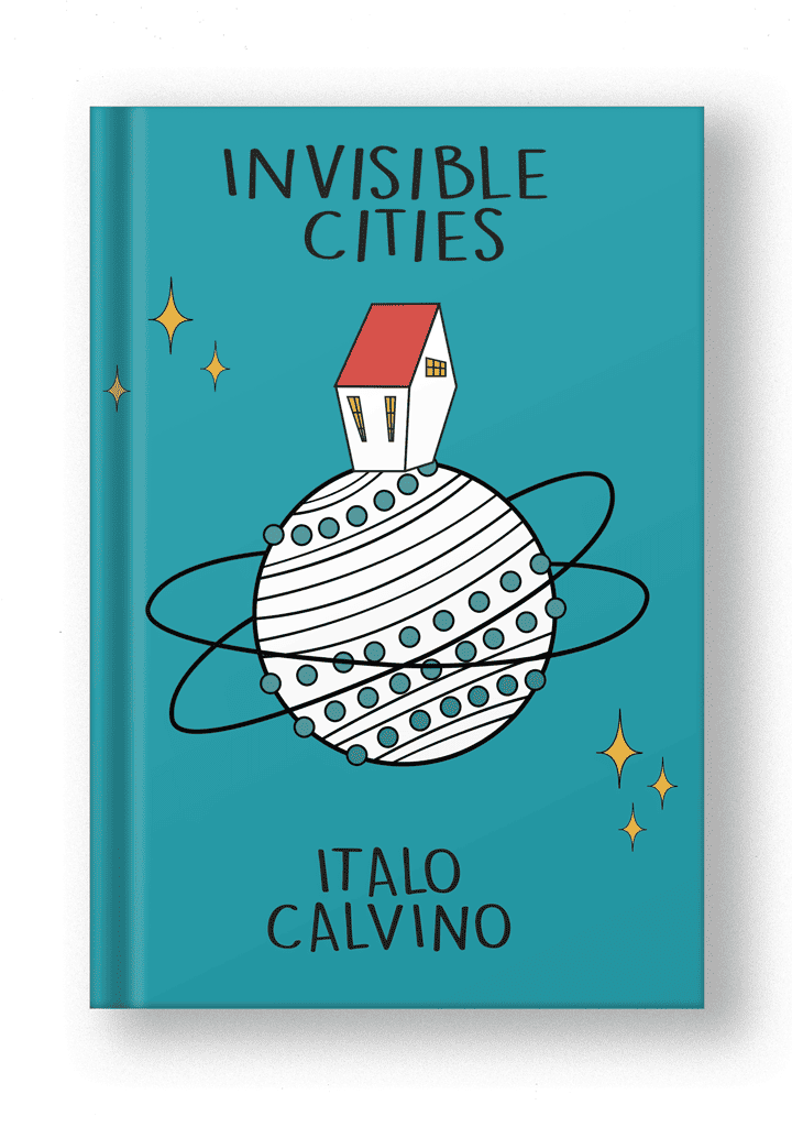 book cover restyled in a modern way with simple, colorful illustration with a planet having an house on top