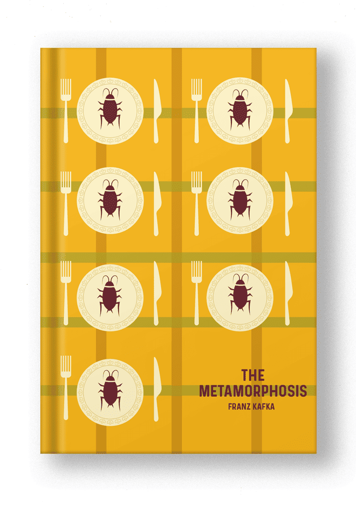 book cover restyled in a modern way with simple, colorful illustration, yellow background and series of plates with scarab on