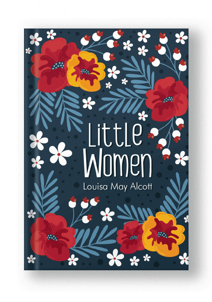 book cover restyled in a modern way with simple, colorful illustration with many flowers around