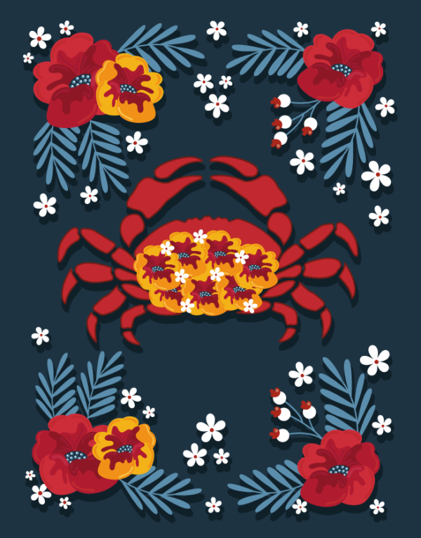 Flower Crab. Blue ocean in editorial illustration. Digital illustration. underwater art by marti menta