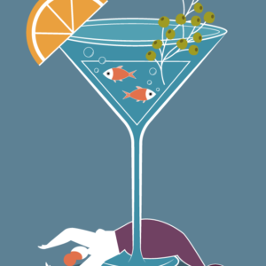 a cocktail with an under ocean background, fish, and mermaid, editorial illustration by marti menta