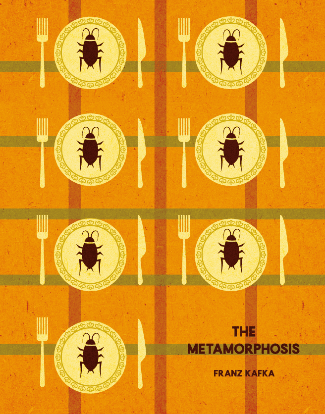 Book cover illustration of The Metamorphosis - Franz Kafka. the story about Gregor Samsa, who wakes one morning to find himself inexplicably transformed into a huge insect. Editorial illustration by marti menta