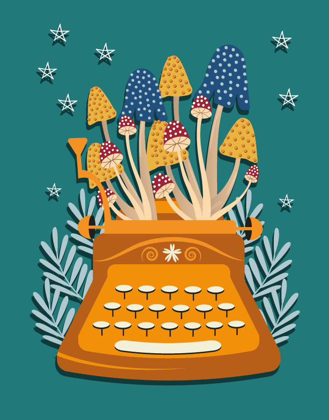 Typing machine with plants and mushrooms, flora nature editorial illustration by marti menta