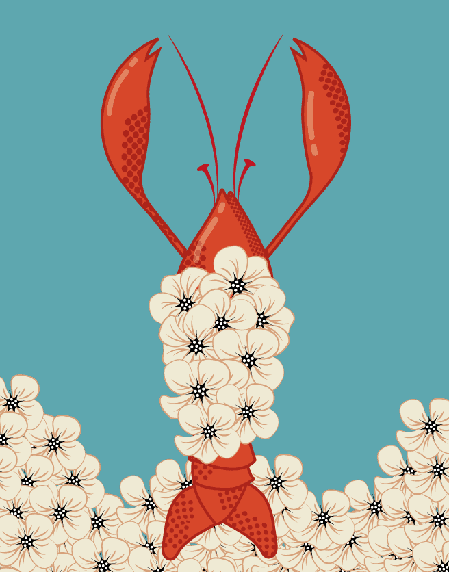 Red lobster, crustacean, under the sea editorial illustration by marti menta
