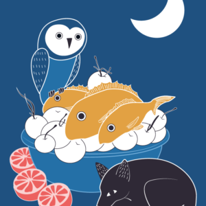 Editorial illustration of Nocturnal Animals and food, moon wolf and owl, digital illustration by marti menta
